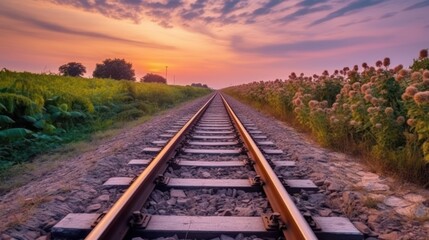 Obraz premium railway tracks in a rural scene with nice pastel sunset