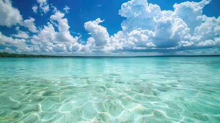 Crystal clear turquoise water and blue sky at tropical beach.