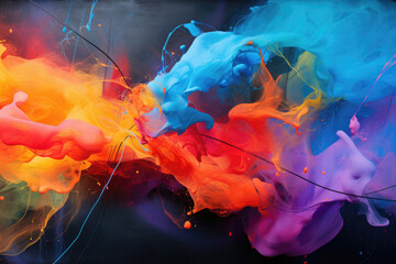 Dramatic dance of orange, blue, and purple inks intertwining, showcasing an abstract aerial collision.
