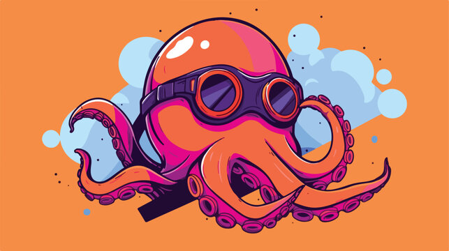 Illustration of octopus in divers helmet vector 2d