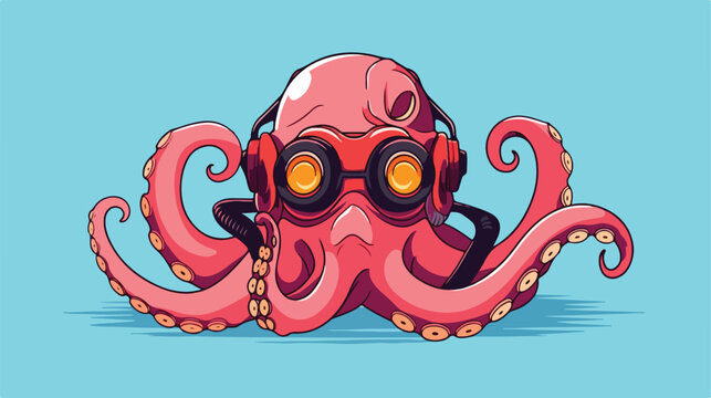 Illustration of octopus in divers helmet vector 2d