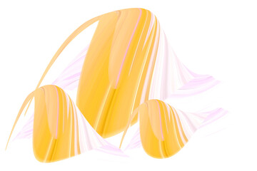 Delicate floral petal. Flock of yellow-pink fishes. Delicate ice-cream. Isolated digital figures for creative logo or tattoo. Abstract volumetric striped pattern. Swirled stream. Exclusive design. - obrazy, fototapety, plakaty