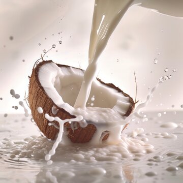 A cracked coconut with milk splashing out against a creamy white background, symbolizing freshness and natural ingredients.