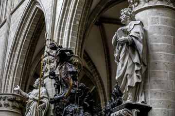 Saints Michael & Gudule cathedral, Brussels, Belgium. statues on columns