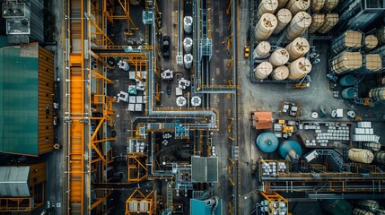 Aerial view of rice mill conveyor system, bustling activity, clear organization, process flow highlight