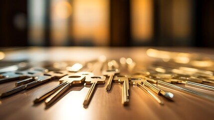 Real estate concept with keys and house model on wooden table over sunset background