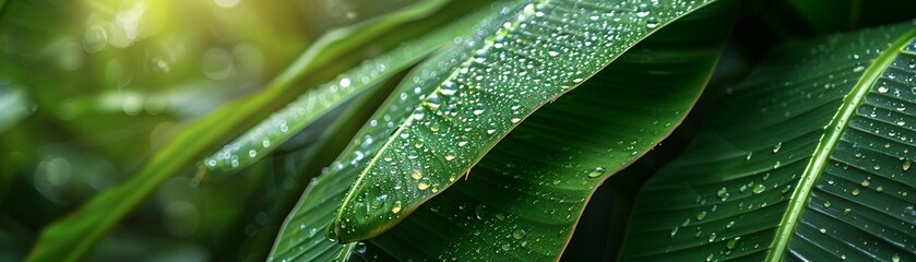 Lush banana leaves, closeup, dew drops, soft morning light, vibrant green texture background - obrazy, fototapety, plakaty
