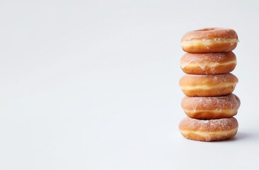 Fototapeta na wymiar Stack of plain doughnuts wiер confectionery topping. Isolated on light grey background. Illustration for print, design, menu, cafe. Birthday sweets. 