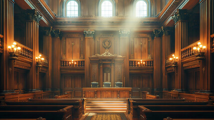 AIpowered courtroom, algorithmic justice, judge and jury role, front view