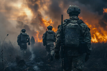Elite special forces soldiers, back view in a hostile warzone environment