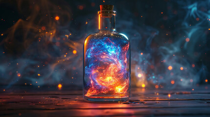 Enigmatic bottle with a captive nebula of lights, exuding the powerful magic and mystery of distant galaxies