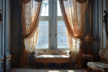 Interior room view, window draped with ornate curtains, decor highlight