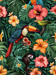 A tropical scene with a variety of birds and flowers