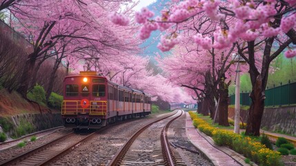 Fototapeta premium Train passing through a blossoming springtime landscape.