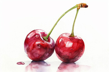 Realistic red cherry pair, watercolor style, isolated on white, perfect for food and nature illustrations