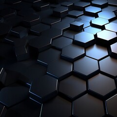 3d rendering of abstract metallic hexagonal background with blue glowing lights