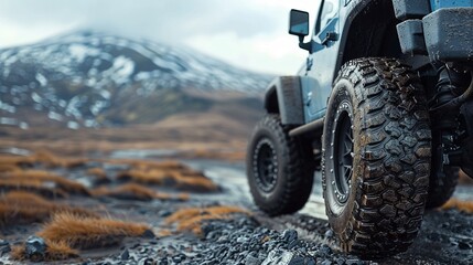 Robust offroad tire with shiny alu rim, contrasting with the ruggedness of the natural landscape behind