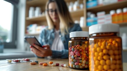Set of tablets in glass bottles emphasizing the shift to online pharmacies, with a woman buying medicaments on her smartphone in the background