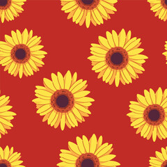 Seamless pattern of beautiful sunflowers in retro style with fiery colors. Modern floral pattern, Vintage floral background, Pattern for design wallpaper, Gift wrap paper and fashion prints.
