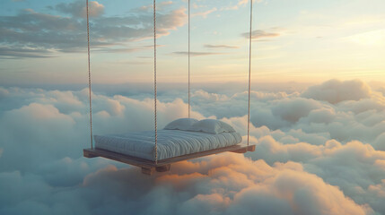 Surreal image of a bed suspended in light vanilla clouds, capturing the essence of peaceful dreaming - obrazy, fototapety, plakaty