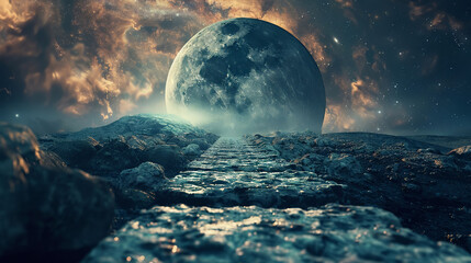 Surrealistic scene of a rocky pathway floating towards a black hole, encapsulating an adventure into the unknown - obrazy, fototapety, plakaty