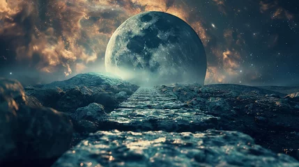 Foto op Plexiglas Surrealistic scene of a rocky pathway floating towards a black hole, encapsulating an adventure into the unknown © Atchariya63