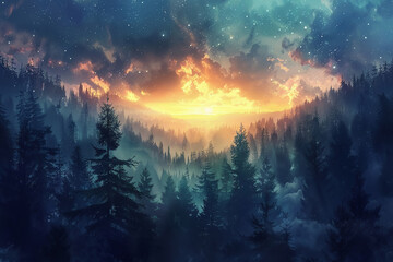 The horizon of a sprawling forest with the mesmerizing sight of Earth rising, creating a scene of ethereal beauty