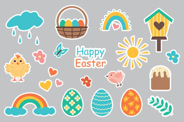 A set of Easter stickers with chickens, eggs, flowers, a rainbow and the inscription Happy Easter. Vector illustration for print
