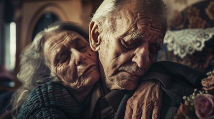 Obraz premium older couple embracing together in a modern home expressing love and togetherness in their senior relationship with happiness. 