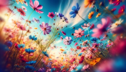 Wildflowers swaying, close-up under blue sky, vibrant colors, soft background. 