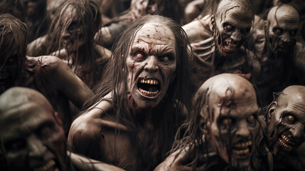 Fototapeta premium Hordes of undead, Zombie walking in the abandoned town, Beginning of the zombie apocalypse, Zombie crowd walking