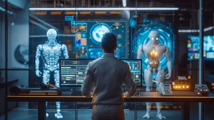 This image depicts a futuristic office where humans and robots work together on innovative projects, highlighting the advanced integration of robotics and artificial intelligence in the workplace
