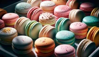 Obraz premium Macaron assortment, pastel colors, close view, delicate texture, bright light, detailed sugar dust.