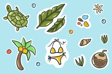 Naklejka premium Set cute summer holiday beach elements. Hello summer cartoon vector