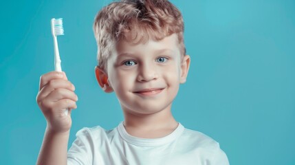 cute little boy kid holding toothbrush on blue background