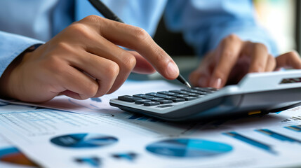 Close-up of Hands Using Calculator over Financial Documents
