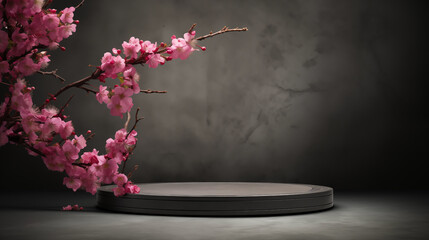 A circular stage with a centered composition with featuring a background of pink flowers