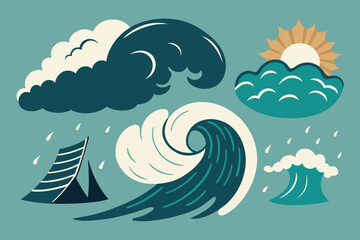 Sea waves sketch. Storm wave, vintage tide and ocean beach storms hand drawn vector illustration - obrazy, fototapety, plakaty