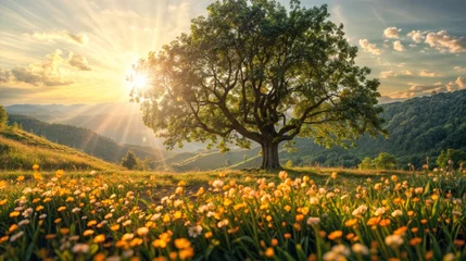 Fotobehang Beautiful summer landscape with blooming meadow and big oak tree © LAYHONG