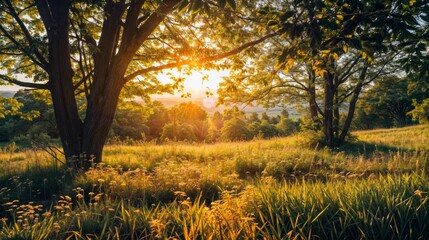 Sunset in the meadow with trees and grass
