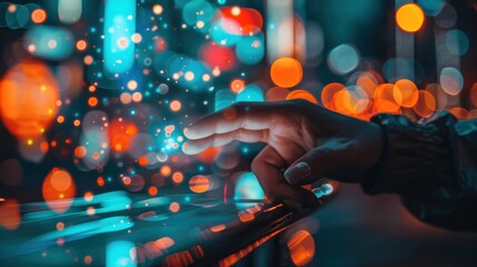 A person using a tablet with futuristic holographic interface, surrounded by vibrant floating light particles in a dark setting.