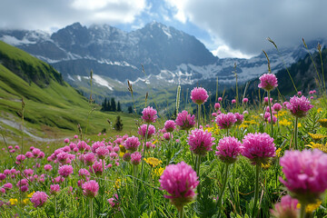 pink flowers in the mountain - obrazy, fototapety, plakaty