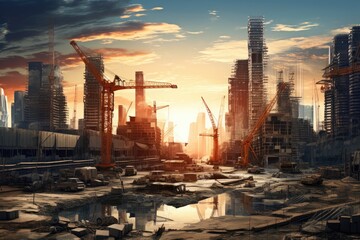Urban construction area surrounded by skyscrapers, Cranes on the construction site, Ai generated - obrazy, fototapety, plakaty