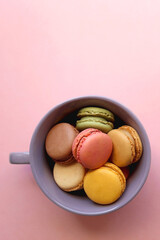 Purple cup filled with pastel macarons on pink background. Top view.