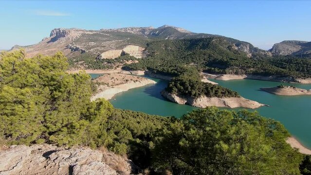 Impressive panoramic view from the viewpoint of the three reservoirs (Turon, Guadalteba and Guadalhorce), near the Caminito del Rey, in Campillos, Malaga, Andalusia, Spain
