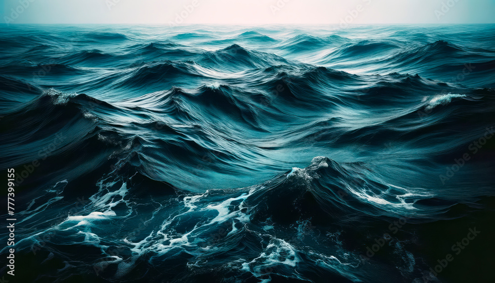Poster a dynamic and textured depiction of dark ocean waves on a serene background, embodying the concept o
