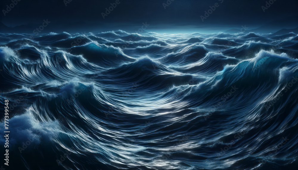 Poster a digital artwork of turbulent ocean waves under a night sky. the concept is a moody, dynamic seasca