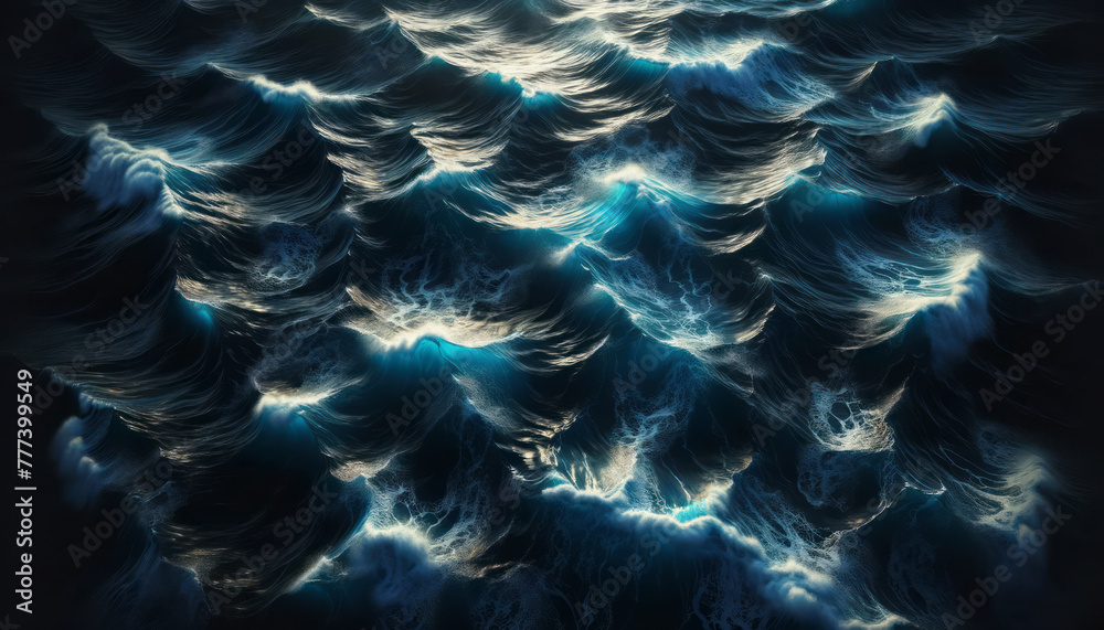 Poster abstract ocean waves with a glowing blue light, digitally created on a dark background, invoking a c