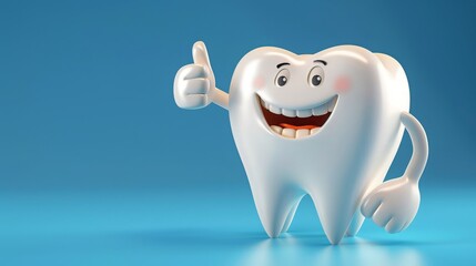 Illustration of a cute and happy white tooth cartoon character with thumbs up, Children dental health concept,