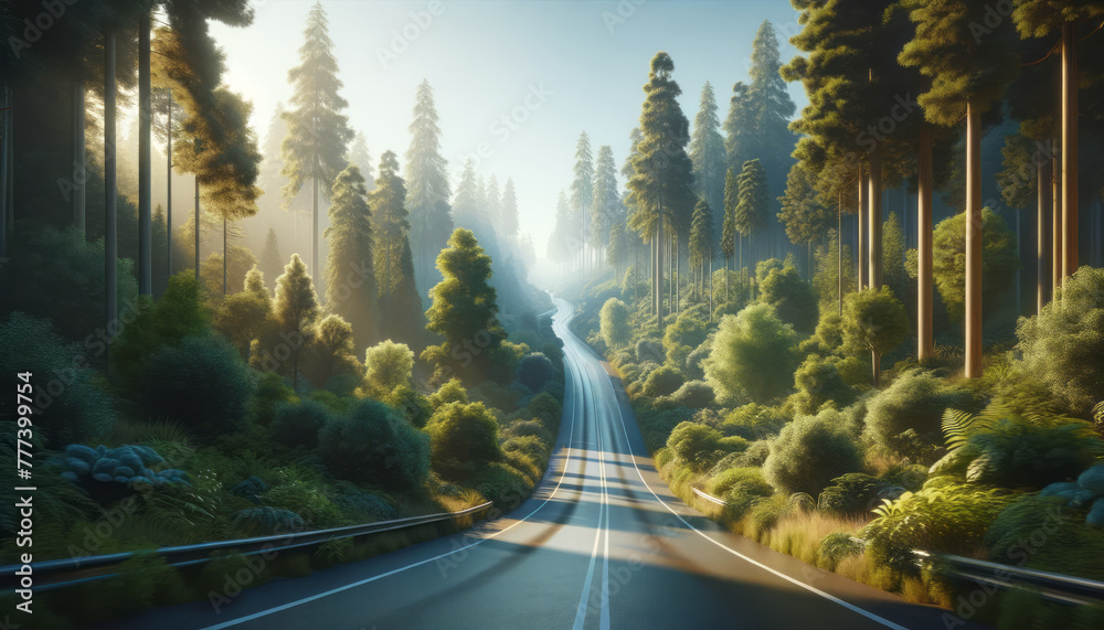 Poster a stunning forest road basking in sunlight, surrounded by lush greenery and towering trees, evoking 